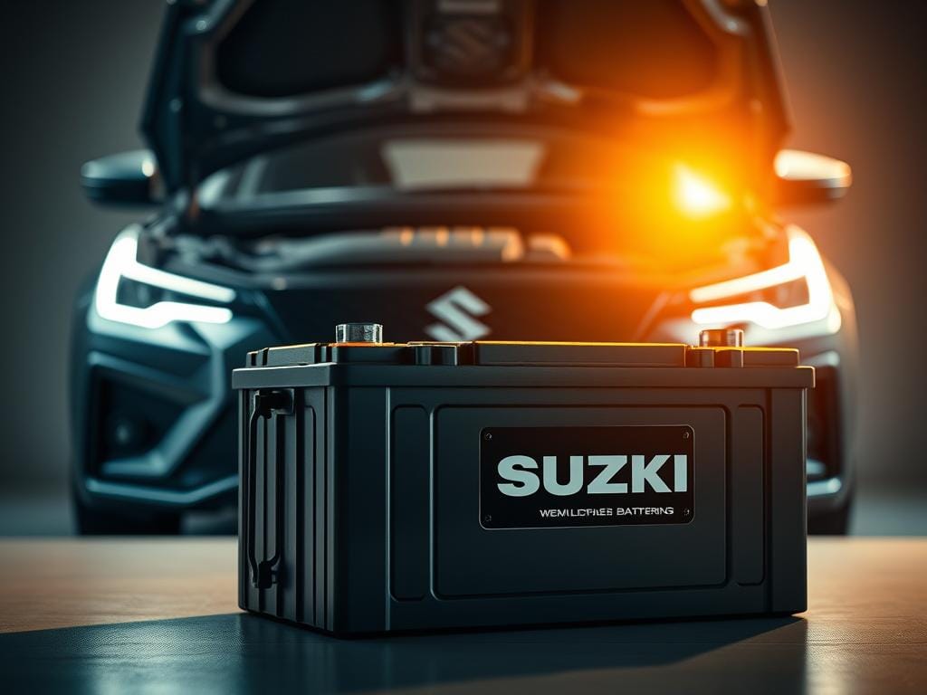 A visually stunning battery for a Suzuki car, showcasing its benefits in a realistic and detailed manner. The battery is placed in the foreground, illuminated by a warm, directional light that casts subtle shadows, highlighting its intricate textures and sleek design. In the middle ground, the car's engine bay is visible, complementing the battery and providing context. The background features a clean, neutral setting, allowing the battery to be the focal point. The overall composition and lighting create a sense of professionalism and high-quality, emphasizing the reliability and performance of the battery. The image should convey a mood of trust, durability, and technological sophistication. A visually stunning battery for a Suzuki car, showcasing its benefits in a realistic and detailed manner. The battery is placed in the foreground, illuminated by a warm, directional light that casts subtle shadows, highlighting its intricate textures and sleek design. In the middle ground, the car's engine bay is visible, complementing the battery and providing context. The background features a clean, neutral setting, allowing the battery to be the focal point. The overall composition and lighting create a sense of professionalism and high-quality, emphasizing the reliability and performance of the battery. The image should convey a mood of trust, durability, and technological sophistication.