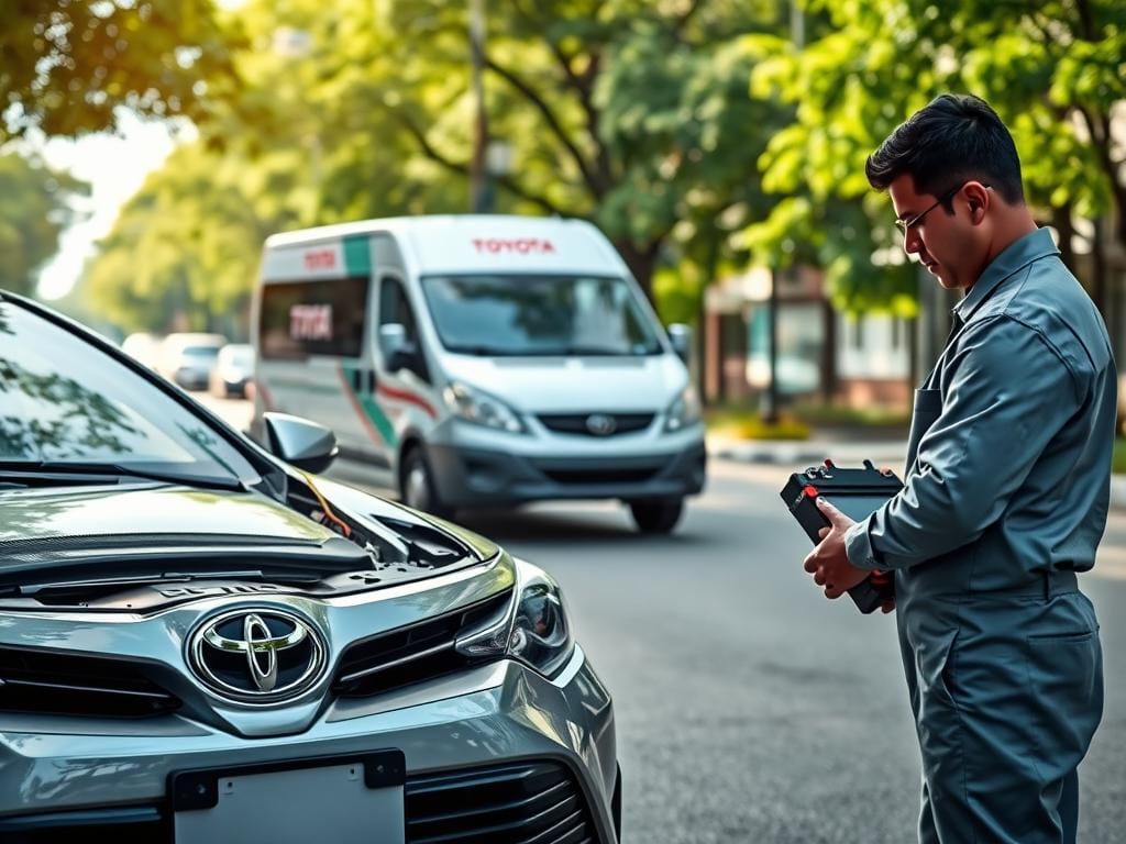 A well-equipped Toyota car battery delivery service in Bogotá, Colombia. In the foreground, a technician in a clean uniform carefully installs a new battery into the engine compartment of a gleaming silver Toyota sedan, using professional tools and following safety protocols. In the middle ground, a modern delivery van with the company's logo stands ready to transport additional batteries to customers' homes. The background shows a bustling urban street lined with lush greenery, conveying a sense of reliability and convenience for the home battery installation service. The scene is illuminated by natural daylight, highlighting the precision and care taken by the technician. The overall mood is one of professionalism, efficiency, and customer-centric service. A well-equipped Toyota car battery delivery service in Bogotá, Colombia. In the foreground, a technician in a clean uniform carefully installs a new battery into the engine compartment of a gleaming silver Toyota sedan, using professional tools and following safety protocols. In the middle ground, a modern delivery van with the company's logo stands ready to transport additional batteries to customers' homes. The background shows a bustling urban street lined with lush greenery, conveying a sense of reliability and convenience for the home battery installation service. The scene is illuminated by natural daylight, highlighting the precision and care taken by the technician. The overall mood is one of professionalism, efficiency, and customer-centric service.