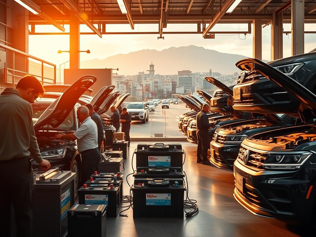A well-equipped auto battery service center in Bogotá, Colombia. The foreground shows a team of skilled technicians inspecting and replacing batteries on a fleet of Volkswagen vehicles. Warm lighting illuminates the modern, organized workshop with its specialized tools and equipment. In the middle ground, a display of new high-performance batteries stands ready for installation. The background reveals the bustling city streets of Bogotá, with the iconic Andes mountains looming in the distance, conveying a sense of professionalism and reliability in servicing Volkswagen cars in this vibrant urban setting. A well-equipped auto battery service center in Bogotá, Colombia. The foreground shows a team of skilled technicians inspecting and replacing batteries on a fleet of Volkswagen vehicles. Warm lighting illuminates the modern, organized workshop with its specialized tools and equipment. In the middle ground, a display of new high-performance batteries stands ready for installation. The background reveals the bustling city streets of Bogotá, with the iconic Andes mountains looming in the distance, conveying a sense of professionalism and reliability in servicing Volkswagen cars in this vibrant urban setting.