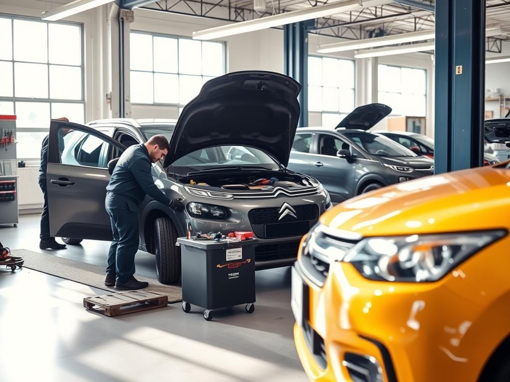 A well-equipped professional automotive installation service center, featuring a team of skilled technicians working on a late-model Citroën vehicle. The workshop is brightly lit with natural light filtering in through large windows, creating a warm and inviting atmosphere. Specialized tools and equipment are neatly organized, showcasing the facility's commitment to quality workmanship. In the foreground, a technician is carefully installing a new battery, while in the background, other vehicles await their turn for expert service. The scene conveys a sense of efficiency, expertise, and attention to detail, reflecting the high-caliber "servicio de instalación profesional" offered to Citroën owners in Bogotá. A well-equipped professional automotive installation service center, featuring a team of skilled technicians working on a late-model Citroën vehicle. The workshop is brightly lit with natural light filtering in through large windows, creating a warm and inviting atmosphere. Specialized tools and equipment are neatly organized, showcasing the facility's commitment to quality workmanship. In the foreground, a technician is carefully installing a new battery, while in the background, other vehicles await their turn for expert service. The scene conveys a sense of efficiency, expertise, and attention to detail, reflecting the high-caliber "servicio de instalación profesional" offered to Citroën owners in Bogotá.