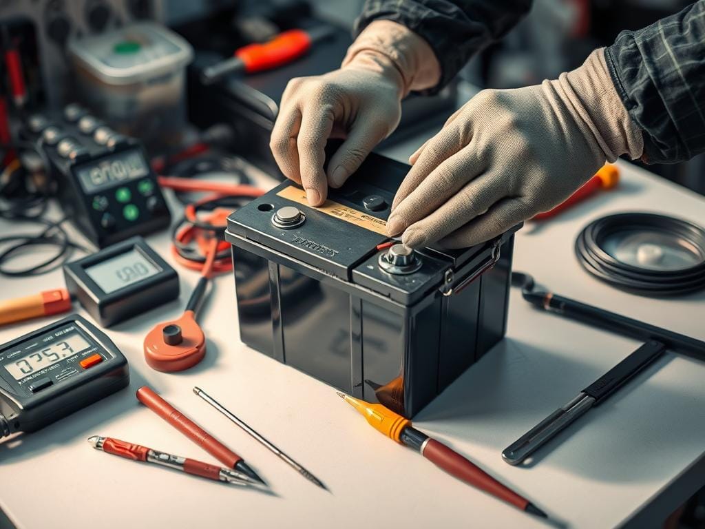 A well-lit, close-up image of a car battery undergoing preventive maintenance. The battery is situated on a clean, organized workbench, surrounded by various tools and supplies such as a voltmeter, wire brushes, and protective gloves. The focus is on the battery terminals, with the mechanic's hands gently cleaning and inspecting them. The lighting is soft and diffused, casting subtle shadows that accentuate the textures and details of the battery and tools. The overall atmosphere conveys a sense of care, attention to detail, and the importance of proper battery maintenance to extend the lifespan of a car's power source. A well-lit, close-up image of a car battery undergoing preventive maintenance. The battery is situated on a clean, organized workbench, surrounded by various tools and supplies such as a voltmeter, wire brushes, and protective gloves. The focus is on the battery terminals, with the mechanic's hands gently cleaning and inspecting them. The lighting is soft and diffused, casting subtle shadows that accentuate the textures and details of the battery and tools. The overall atmosphere conveys a sense of care, attention to detail, and the importance of proper battery maintenance to extend the lifespan of a car's power source.