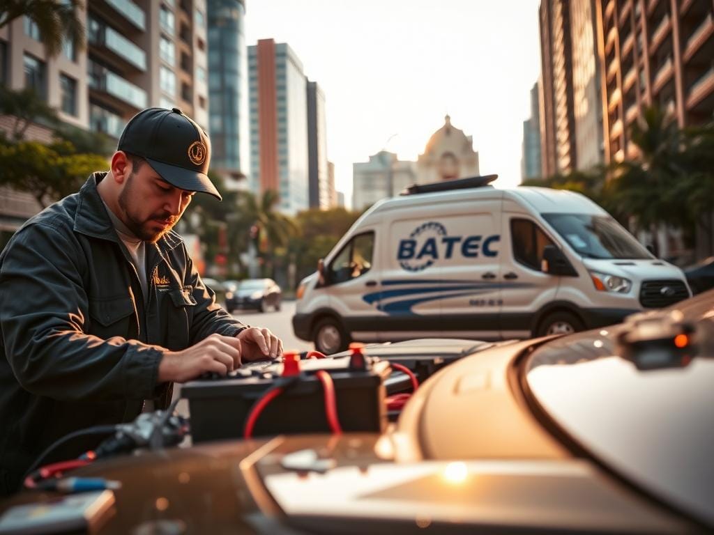 A well-lit, detailed image of a battery delivery service in Bogotá, Colombia. The foreground shows a skilled technician in a uniform inspecting a car battery, with various tools and a battery charger nearby. The middle ground features a modern, white delivery van with the company's logo prominently displayed. In the background, the bustling streets of Bogotá are visible, with tall buildings and lush greenery. The lighting is warm and natural, conveying a sense of professionalism and reliability. The overall mood is one of efficient, on-demand service catered to the needs of local car owners. A well-lit, detailed image of a battery delivery service in Bogotá, Colombia. The foreground shows a skilled technician in a uniform inspecting a car battery, with various tools and a battery charger nearby. The middle ground features a modern, white delivery van with the company's logo prominently displayed. In the background, the bustling streets of Bogotá are visible, with tall buildings and lush greenery. The lighting is warm and natural, conveying a sense of professionalism and reliability. The overall mood is one of efficient, on-demand service catered to the needs of local car owners.