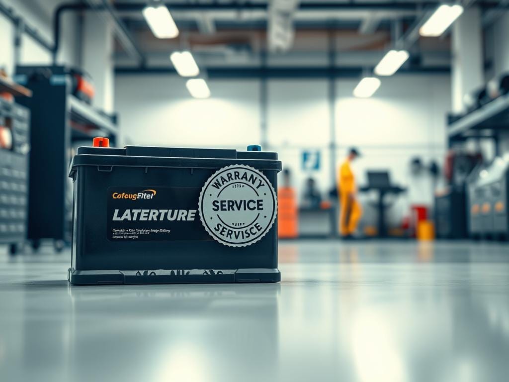 A well-lit, detailed image of a car battery with a prominent warranty service label. The battery is set against a clean, modern background, with hints of a professional auto repair shop in the middle ground. The foreground features the battery in high resolution, showcasing its design and construction. Lighting is soft and even, accentuating the metallic and plastic textures. The middle ground contains tools, equipment, and shelving, suggesting a well-equipped service center. The background is slightly blurred, hinting at a spacious, organized workspace. The overall mood is one of reliability, quality, and customer-focused automotive care. A well-lit, detailed image of a car battery with a prominent warranty service label. The battery is set against a clean, modern background, with hints of a professional auto repair shop in the middle ground. The foreground features the battery in high resolution, showcasing its design and construction. Lighting is soft and even, accentuating the metallic and plastic textures. The middle ground contains tools, equipment, and shelving, suggesting a well-equipped service center. The background is slightly blurred, hinting at a spacious, organized workspace. The overall mood is one of reliability, quality, and customer-focused automotive care.