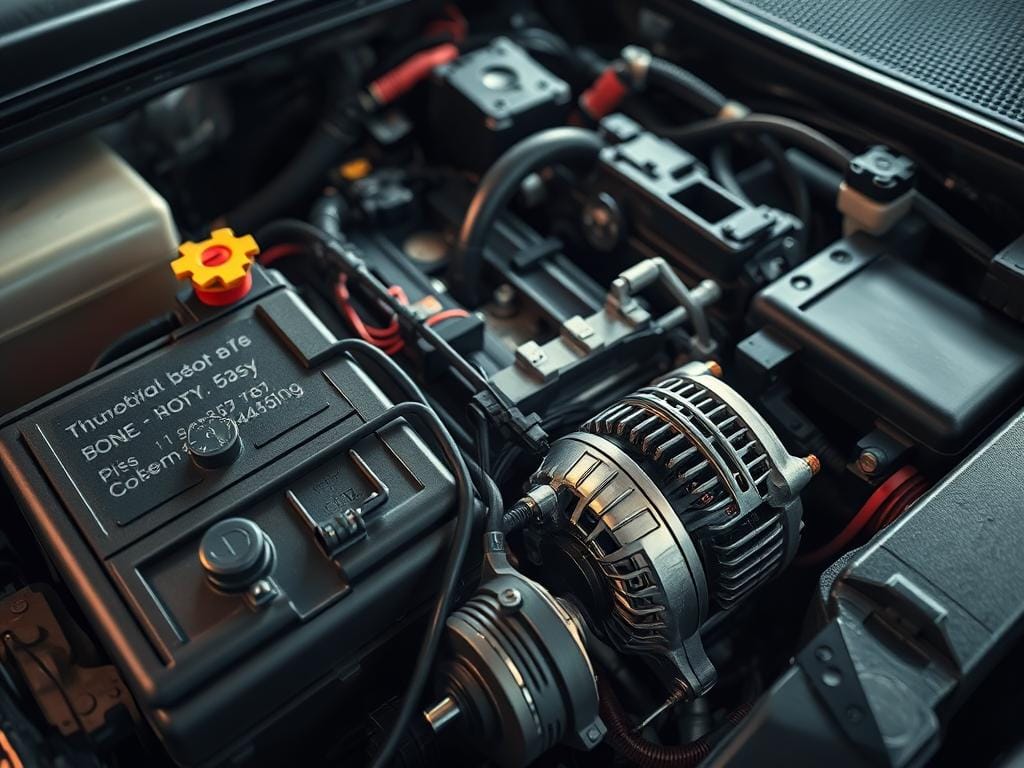A well-lit, high-angle close-up of the internal components of an automobile electrical system, including the car battery, wiring harness, alternator, and other related parts. The components are arranged neatly and displayed with a sense of technical precision, showcasing their intricate design and functionality. The lighting is bright and even, with soft shadows that highlight the textures and contours of the parts. The overall tone is informative and educational, conveying the importance of proper maintenance for prolonging the life of these critical electrical components. A well-lit, high-angle close-up of the internal components of an automobile electrical system, including the car battery, wiring harness, alternator, and other related parts. The components are arranged neatly and displayed with a sense of technical precision, showcasing their intricate design and functionality. The lighting is bright and even, with soft shadows that highlight the textures and contours of the parts. The overall tone is informative and educational, conveying the importance of proper maintenance for prolonging the life of these critical electrical components.