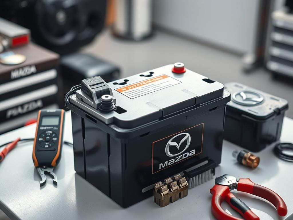 A well-lit, high-angle photograph of a car battery with various maintenance tools arranged neatly around it, including a voltmeter, pliers, a cleaning brush, and a fresh set of replacement battery terminals. The battery is positioned on a clean, organized workbench, with a blurred, out-of-focus background suggesting a professional automotive workshop. The lighting is soft and even, highlighting the metallic details and the battery's condition. The overall atmosphere conveys a sense of care, attention to detail, and preventive maintenance, reflecting the importance of proper battery care for a Mazda car in Bogotá. A well-lit, high-angle photograph of a car battery with various maintenance tools arranged neatly around it, including a voltmeter, pliers, a cleaning brush, and a fresh set of replacement battery terminals. The battery is positioned on a clean, organized workbench, with a blurred, out-of-focus background suggesting a professional automotive workshop. The lighting is soft and even, highlighting the metallic details and the battery's condition. The overall atmosphere conveys a sense of care, attention to detail, and preventive maintenance, reflecting the importance of proper battery care for a Mazda car in Bogotá.