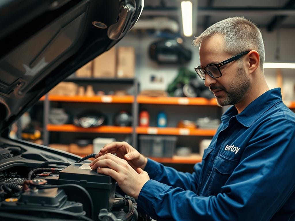 A well-lit, high-resolution image showcasing a professional auto mechanic examining a car battery in a modern automotive repair shop. The mechanic, wearing a blue uniform and safety glasses, is carefully inspecting the battery terminals and connections, with a diagnostic tablet in hand. In the background, shelves stocked with various car parts and tools create a sense of a well-equipped, organized workspace. Warm, diffused lighting from overhead lamps casts a soft glow, highlighting the attention to detail and expertise of the technician as he provides thorough technical support and warranty information to the customer. A well-lit, high-resolution image showcasing a professional auto mechanic examining a car battery in a modern automotive repair shop. The mechanic, wearing a blue uniform and safety glasses, is carefully inspecting the battery terminals and connections, with a diagnostic tablet in hand. In the background, shelves stocked with various car parts and tools create a sense of a well-equipped, organized workspace. Warm, diffused lighting from overhead lamps casts a soft glow, highlighting the attention to detail and expertise of the technician as he provides thorough technical support and warranty information to the customer.