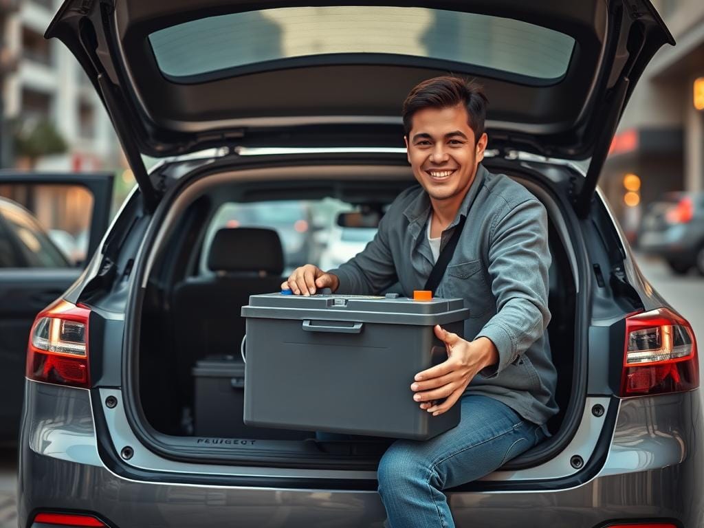 A well-lit, high-resolution photograph of a person placing a brand new car battery inside the open boot of a Peugeot sedan, with a delivery van in the background. The person is casually dressed and has a friendly, satisfied expression, conveying the ease and convenience of the home delivery service. The battery is prominently displayed, showcasing its sleek design and sturdy construction. The scene is set against a blurred urban backdrop, with subtle hints of Bogotá's vibrant cityscape visible in the distance. The overall mood is relaxed and inviting, emphasizing the hassle-free nature of the battery purchasing experience. A well-lit, high-resolution photograph of a person placing a brand new car battery inside the open boot of a Peugeot sedan, with a delivery van in the background. The person is casually dressed and has a friendly, satisfied expression, conveying the ease and convenience of the home delivery service. The battery is prominently displayed, showcasing its sleek design and sturdy construction. The scene is set against a blurred urban backdrop, with subtle hints of Bogotá's vibrant cityscape visible in the distance. The overall mood is relaxed and inviting, emphasizing the hassle-free nature of the battery purchasing experience.
