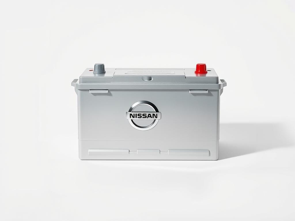 A well-lit, high-resolution photograph of a sleek, silver-colored car battery on a plain white background. The battery is prominently displayed, with its Nissan logo clearly visible. The image captures the battery's clean, modern design and high-quality construction, showcasing its suitability for use in a Nissan vehicle. The lighting is natural and diffused, creating a soft, even illumination that highlights the battery's metallic finish and emphasizes its premium, durable appearance. A well-lit, high-resolution photograph of a sleek, silver-colored car battery on a plain white background. The battery is prominently displayed, with its Nissan logo clearly visible. The image captures the battery's clean, modern design and high-quality construction, showcasing its suitability for use in a Nissan vehicle. The lighting is natural and diffused, creating a soft, even illumination that highlights the battery's metallic finish and emphasizes its premium, durable appearance.