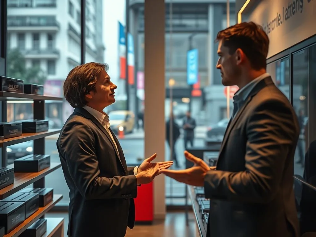 A well-lit interior showroom with sleek electric batteries prominently displayed on shelves. A salesperson in the foreground, dressed professionally, explaining the features to a customer. In the background, a large window reveals the bustling street outside, setting the scene in the heart of Bogotá. The lighting is warm and inviting, creating a sense of trust and expertise. The composition emphasizes the purchase process, with the salesperson guiding the customer through the selection and highlighting the high-quality craftsmanship of the BYD batteries. The overall mood is one of a modern, efficient, and customer-centric buying experience. A well-lit interior showroom with sleek electric batteries prominently displayed on shelves. A salesperson in the foreground, dressed professionally, explaining the features to a customer. In the background, a large window reveals the bustling street outside, setting the scene in the heart of Bogotá. The lighting is warm and inviting, creating a sense of trust and expertise. The composition emphasizes the purchase process, with the salesperson guiding the customer through the selection and highlighting the high-quality craftsmanship of the BYD batteries. The overall mood is one of a modern, efficient, and customer-centric buying experience.