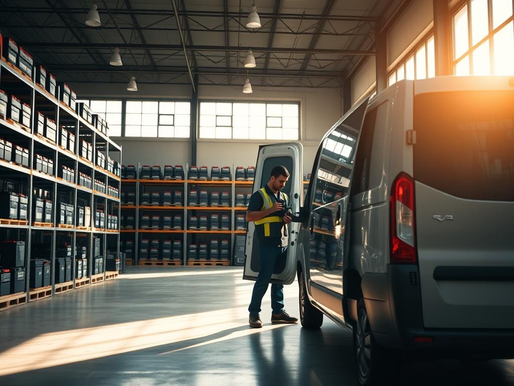 A well-lit, modern warehouse interior with rows of sturdy shelves stocked with car batteries. In the foreground, a delivery driver carefully loads a battery into a sleek, late-model delivery van. Bright natural light streams in through large windows, casting a warm glow over the scene. The atmosphere conveys efficiency, reliability, and a commitment to fast, professional service. The focus is on the battery and delivery van, capturing the essence of the "Rapid Delivery in Bogotá" section of the article. A well-lit, modern warehouse interior with rows of sturdy shelves stocked with car batteries. In the foreground, a delivery driver carefully loads a battery into a sleek, late-model delivery van. Bright natural light streams in through large windows, casting a warm glow over the scene. The atmosphere conveys efficiency, reliability, and a commitment to fast, professional service. The focus is on the battery and delivery van, capturing the essence of the "Rapid Delivery in Bogotá" section of the article.