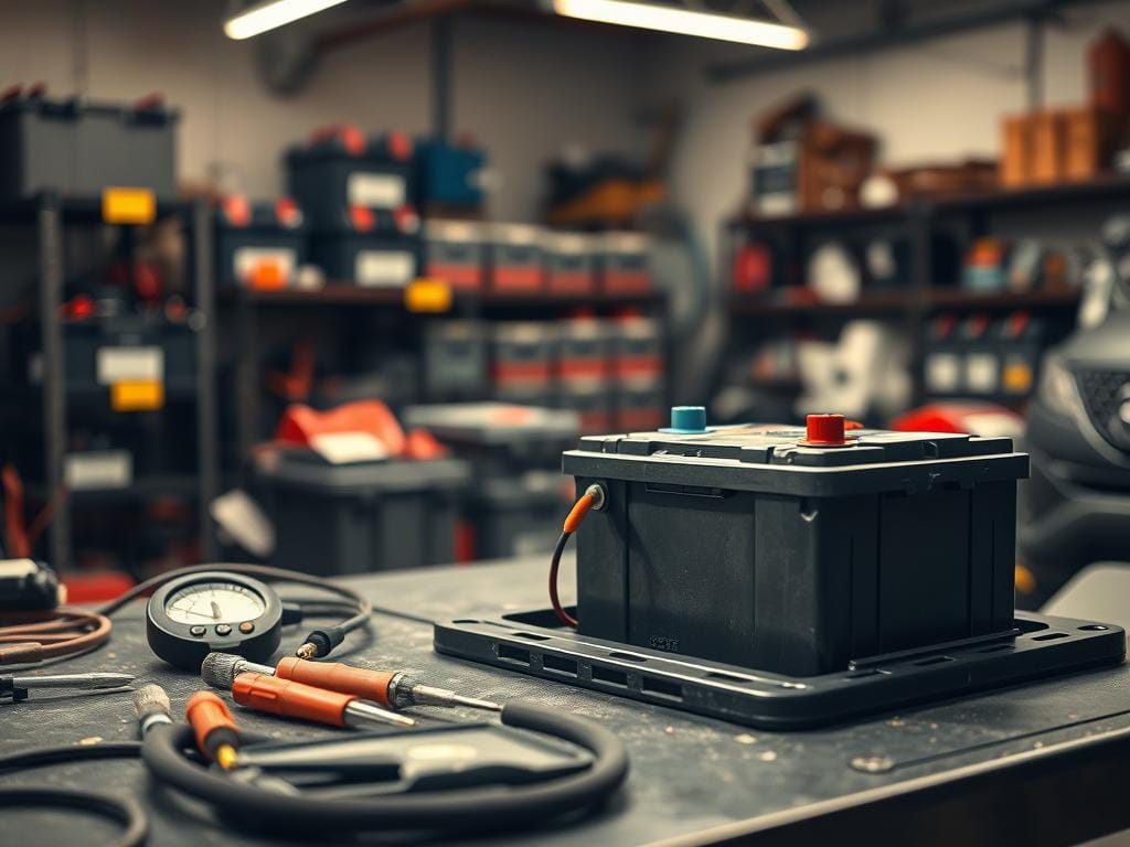 A well-lit workshop interior, a mechanic's workbench in the foreground with an array of battery maintenance tools - voltmeter, wire brushes, terminal cleaners. In the middle ground, a car battery resting on a service tray, its terminals exposed, being carefully inspected. The background shows shelves of replacement batteries and automotive parts, creating a sense of a professional, well-equipped auto repair setting. The lighting is warm and focused, highlighting the intricate details of the battery maintenance process. The overall mood is one of diligence, expertise, and the importance of proper battery care to ensure the reliable performance of a Dodge vehicle. A well-lit workshop interior, a mechanic's workbench in the foreground with an array of battery maintenance tools - voltmeter, wire brushes, terminal cleaners. In the middle ground, a car battery resting on a service tray, its terminals exposed, being carefully inspected. The background shows shelves of replacement batteries and automotive parts, creating a sense of a professional, well-equipped auto repair setting. The lighting is warm and focused, highlighting the intricate details of the battery maintenance process. The overall mood is one of diligence, expertise, and the importance of proper battery care to ensure the reliable performance of a Dodge vehicle.