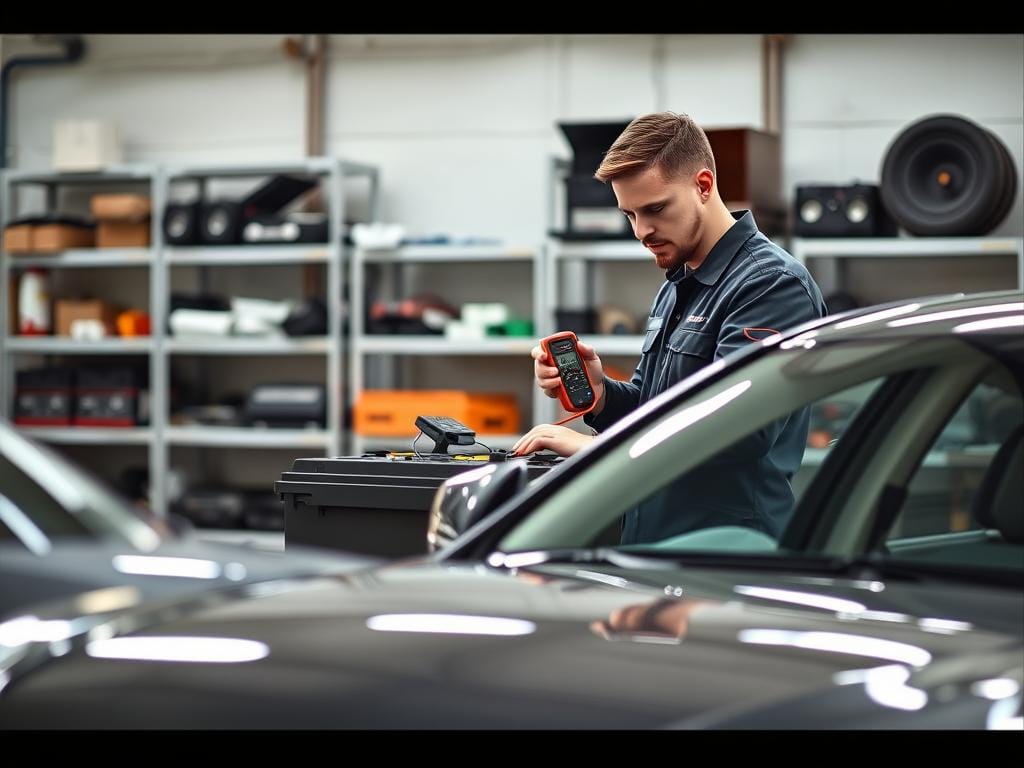 A well-lit workshop interior with a Lexus sedan parked in the foreground. In the middle ground, a technician in a uniform is carefully inspecting a car battery, using a multimeter to check its charge level. The background features neatly organized shelves stocked with various automotive parts and tools. The scene conveys a sense of professionalism and attention to detail, highlighting the importance of proper battery maintenance for Lexus vehicles. A well-lit workshop interior with a Lexus sedan parked in the foreground. In the middle ground, a technician in a uniform is carefully inspecting a car battery, using a multimeter to check its charge level. The background features neatly organized shelves stocked with various automotive parts and tools. The scene conveys a sense of professionalism and attention to detail, highlighting the importance of proper battery maintenance for Lexus vehicles.