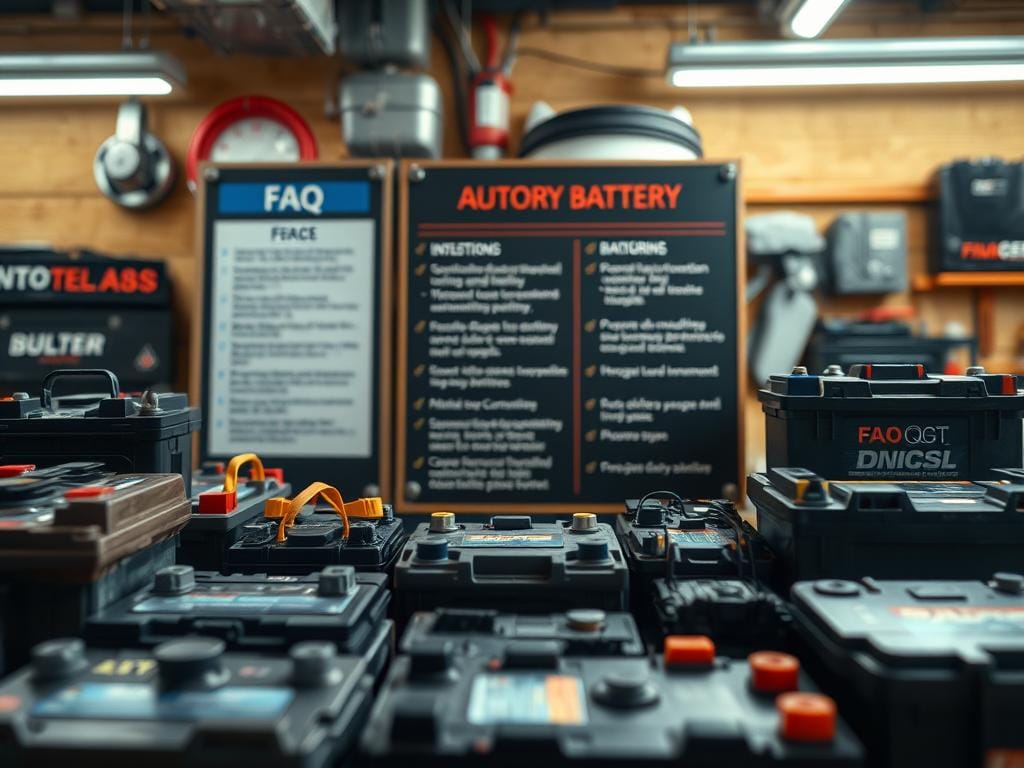 Detailed automotive battery questions against a warm, inviting background. A well-lit, realistic close-up shot showcasing various battery models and sizes, highlighting their technical specifications and features. The foreground displays a diverse array of batteries, while the middle ground features an informative display board with FAQ's about battery selection, performance, and maintenance. The background subtly blends automotive and workshop elements, creating a professional yet approachable atmosphere. Soft, directional lighting accentuates the textures and colors, conveying a sense of expertise and reliability. The overall composition guides the viewer's attention to the key information about automotive batteries. Detailed automotive battery questions against a warm, inviting background. A well-lit, realistic close-up shot showcasing various battery models and sizes, highlighting their technical specifications and features. The foreground displays a diverse array of batteries, while the middle ground features an informative display board with FAQ's about battery selection, performance, and maintenance. The background subtly blends automotive and workshop elements, creating a professional yet approachable atmosphere. Soft, directional lighting accentuates the textures and colors, conveying a sense of expertise and reliability. The overall composition guides the viewer's attention to the key information about automotive batteries.
