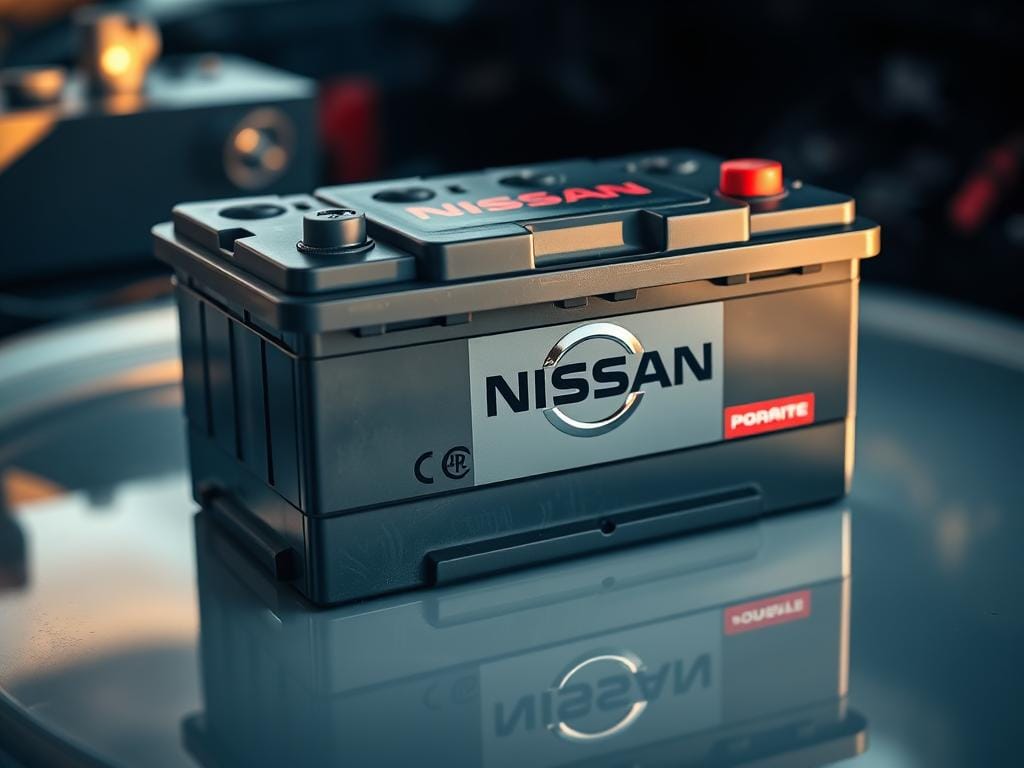 Detailed close-up photograph of a Nissan car battery, showcasing the correct polarity. The battery is placed on a clean, reflective surface, illuminated by warm, natural lighting from the side. The positive and negative terminals are clearly visible, with the Nissan logo prominently displayed. The image has a crisp, high-resolution focus, emphasizing the intricate details of the battery casing and terminals. The overall mood is one of technical precision and reliability, reflecting the importance of proper battery installation for Nissan vehicles. Detailed close-up photograph of a Nissan car battery, showcasing the correct polarity. The battery is placed on a clean, reflective surface, illuminated by warm, natural lighting from the side. The positive and negative terminals are clearly visible, with the Nissan logo prominently displayed. The image has a crisp, high-resolution focus, emphasizing the intricate details of the battery casing and terminals. The overall mood is one of technical precision and reliability, reflecting the importance of proper battery installation for Nissan vehicles.