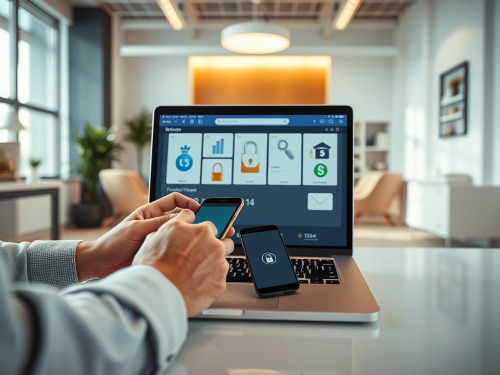 Detailed online purchasing process with laptop, smartphone, and secure payment screen. Bright, well-lit office setting with modern furniture and minimalist decor. Foreground shows hands interacting with devices, middle ground depicts various shopping and transaction stages, background features a clean, professional ambiance. Convey efficiency, reliability, and digital convenience. Crisp, high-resolution rendering with realistic textures, natural lighting, and subtle shadows. Avoid any distracting elements or branding. Detailed online purchasing process with laptop, smartphone, and secure payment screen. Bright, well-lit office setting with modern furniture and minimalist decor. Foreground shows hands interacting with devices, middle ground depicts various shopping and transaction stages, background features a clean, professional ambiance. Convey efficiency, reliability, and digital convenience. Crisp, high-resolution rendering with realistic textures, natural lighting, and subtle shadows. Avoid any distracting elements or branding.