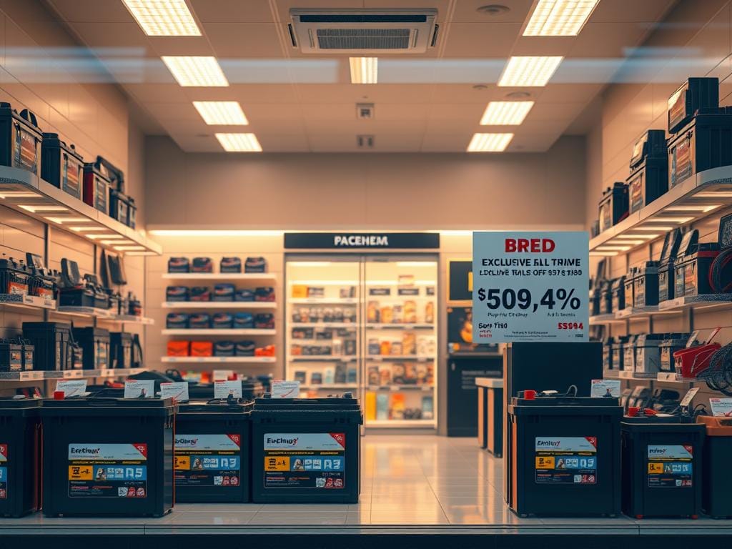 Detailed storefront display of automotive batteries and accessories, showcasing various battery models and promotional offers. The scene features a well-lit, high-quality showroom with clean, modern shelving and displays. Prominently featured are the battery models, their specifications, and discounted pricing prominently displayed. The lighting is warm and inviting, creating a sense of professionalism and trustworthiness. The composition emphasizes the batteries as the central focus, with a neutral background that allows the products to stand out. The overall atmosphere conveys a sense of exclusive, limited-time promotional deals for the customer. Detailed storefront display of automotive batteries and accessories, showcasing various battery models and promotional offers. The scene features a well-lit, high-quality showroom with clean, modern shelving and displays. Prominently featured are the battery models, their specifications, and discounted pricing prominently displayed. The lighting is warm and inviting, creating a sense of professionalism and trustworthiness. The composition emphasizes the batteries as the central focus, with a neutral background that allows the products to stand out. The overall atmosphere conveys a sense of exclusive, limited-time promotional deals for the customer.