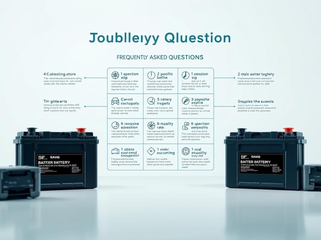 Detailed technical diagram of frequently asked questions about car batteries, set against a clean, minimalist background. The image should feature a central grid layout showcasing various battery-related queries, each with clear icons and concise explanations. The overall aesthetic should be sleek and informative, utilizing a cool color palette and subtle shadows to create depth and focus. Crisp, high-resolution photography with a shallow depth of field to ensure the battery details are the primary visual focus. The lighting should be soft and directional, highlighting the technical aspects of the batteries while maintaining a professional, educational tone. Detailed technical diagram of frequently asked questions about car batteries, set against a clean, minimalist background. The image should feature a central grid layout showcasing various battery-related queries, each with clear icons and concise explanations. The overall aesthetic should be sleek and informative, utilizing a cool color palette and subtle shadows to create depth and focus. Crisp, high-resolution photography with a shallow depth of field to ensure the battery details are the primary visual focus. The lighting should be soft and directional, highlighting the technical aspects of the batteries while maintaining a professional, educational tone.