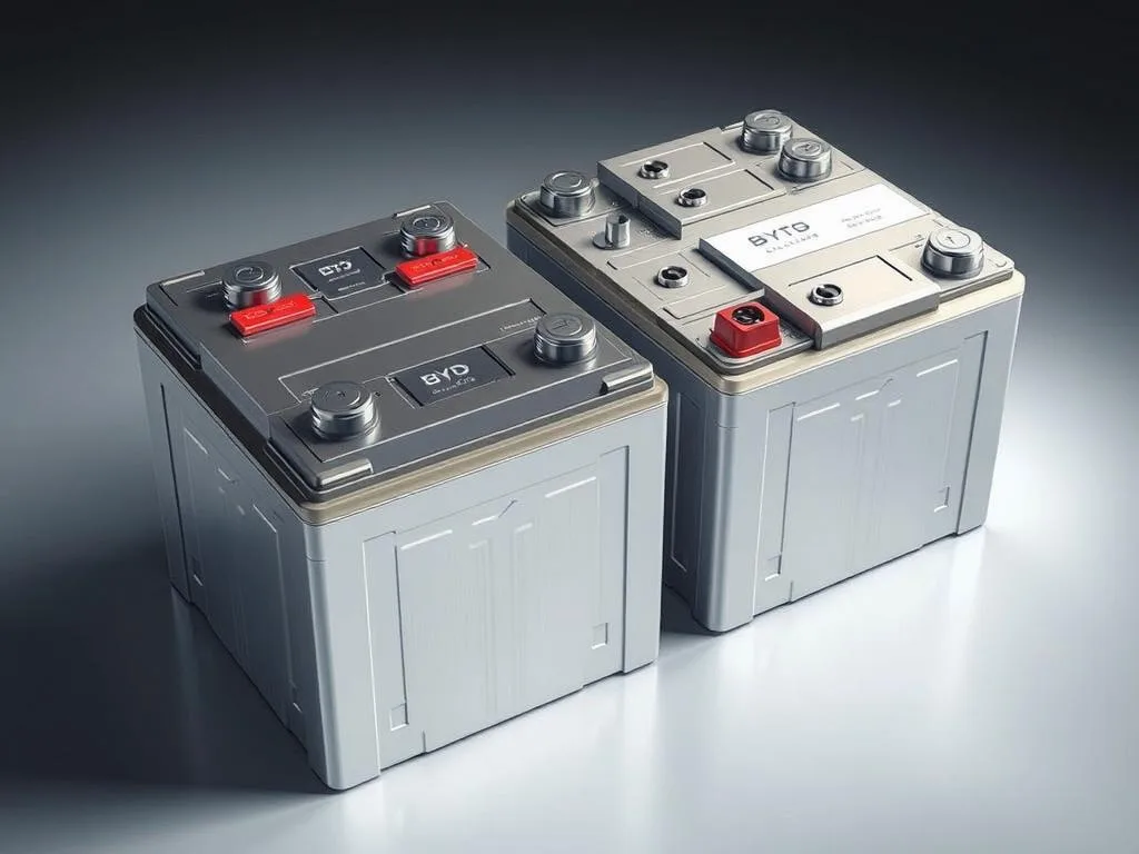 Detailed technical illustration of a set of BYD electric car batteries, showcasing their key specifications and features. Prominently display the battery cells, terminals, and internal structure, rendered in a precise, technical style with high fidelity. Use a soft, neutral lighting setup to accentuate the metallic and plastic components, capturing their textures and materials with accuracy. Position the batteries at an angle to provide a clear, unobstructed view, focusing on the technical details rather than the overall shape. The image should convey a sense of technical sophistication and engineering excellence, suitable for inclusion in an article about BYD's electric car batteries. Detailed technical illustration of a set of BYD electric car batteries, showcasing their key specifications and features. Prominently display the battery cells, terminals, and internal structure, rendered in a precise, technical style with high fidelity. Use a soft, neutral lighting setup to accentuate the metallic and plastic components, capturing their textures and materials with accuracy. Position the batteries at an angle to provide a clear, unobstructed view, focusing on the technical details rather than the overall shape. The image should convey a sense of technical sophistication and engineering excellence, suitable for inclusion in an article about BYD's electric car batteries.