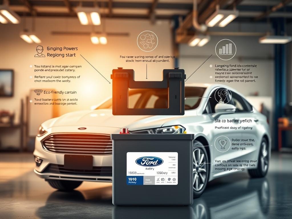 a high-quality, photorealistic image of the benefits of Ford car batteries in Bogotá, Colombia. The image should show a clean, well-lit workshop or showroom setting, with a modern Ford sedan prominently displayed in the foreground. The battery should be the focal point, showcased in the center with its key features and performance specifications clearly visible. The background should feature informative infographics or illustrations highlighting the battery's long-lasting power, reliable starting, and eco-friendly design. Warm, natural lighting should create a welcoming atmosphere, and the overall composition should convey a sense of professionalism, quality, and the tangible advantages of choosing these Ford batteries. a high-quality, photorealistic image of the benefits of Ford car batteries in Bogotá, Colombia. The image should show a clean, well-lit workshop or showroom setting, with a modern Ford sedan prominently displayed in the foreground. The battery should be the focal point, showcased in the center with its key features and performance specifications clearly visible. The background should feature informative infographics or illustrations highlighting the battery's long-lasting power, reliable starting, and eco-friendly design. Warm, natural lighting should create a welcoming atmosphere, and the overall composition should convey a sense of professionalism, quality, and the tangible advantages of choosing these Ford batteries.