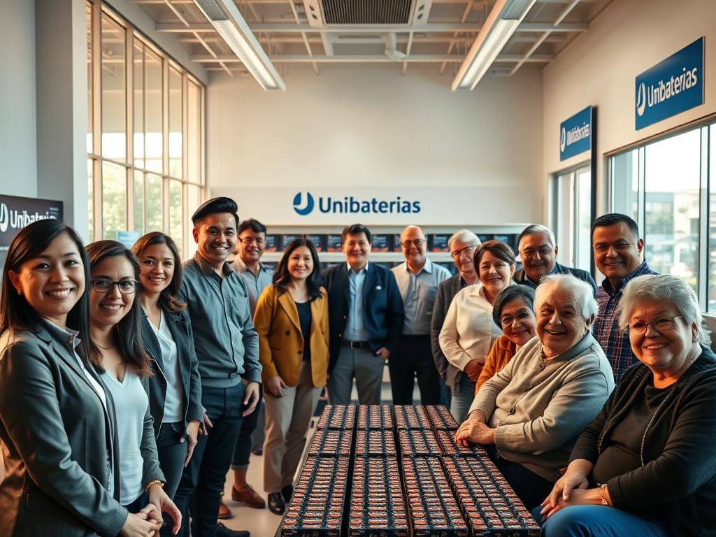 A beautifully lit, large-format photograph depicting several smiling, satisfied customers of Unibaterias in Bogotá, Colombia. The foreground showcases a diverse group of people, ranging from young professionals to elderly retirees, standing or seated comfortably in a well-appointed showroom. Soft, natural lighting filters in through large windows, casting a warm, inviting glow across the scene. In the middle ground, rows of expertly displayed battery products line the shelves, while the background features a clean, modern, and minimalist interior design that complements the overall sense of trust and reliability. The overall mood is one of genuine, authentic testimonials from happy clients. A beautifully lit, large-format photograph depicting several smiling, satisfied customers of Unibaterias in Bogotá, Colombia. The foreground showcases a diverse group of people, ranging from young professionals to elderly retirees, standing or seated comfortably in a well-appointed showroom. Soft, natural lighting filters in through large windows, casting a warm, inviting glow across the scene. In the middle ground, rows of expertly displayed battery products line the shelves, while the background features a clean, modern, and minimalist interior design that complements the overall sense of trust and reliability. The overall mood is one of genuine, authentic testimonials from happy clients.