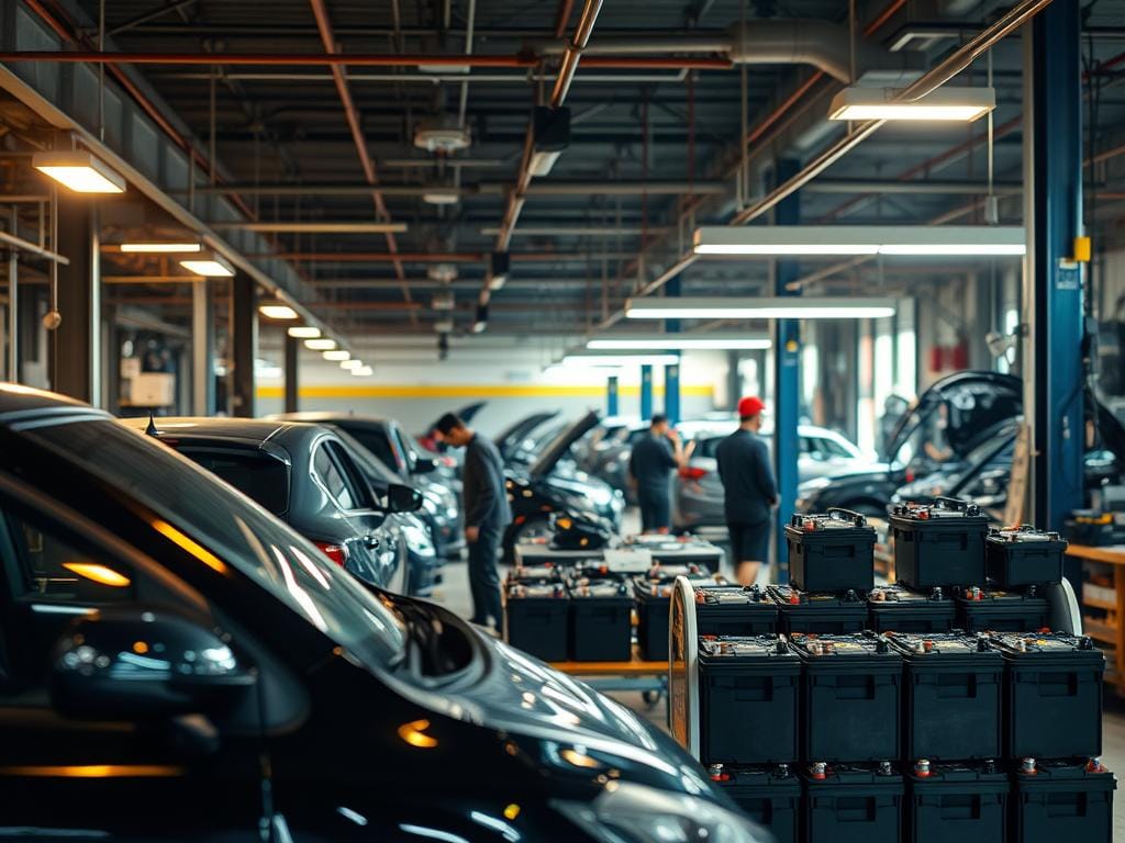 A bustling auto repair shop in the heart of Bogotá, with mechanics diligently working on a fleet of vehicles. In the foreground, a customer's car is being serviced, its battery carefully inspected under the warm glow of overhead lighting. The middle ground features a neatly organized display of replacement batteries, reflecting the shop's commitment to providing fast and reliable battery repair services. In the background, the workshop hums with activity, with tools and equipment neatly arranged, conveying a sense of efficiency and professionalism. The overall atmosphere is one of urgency and expertise, capturing the essence of "Servicio rápido de baterías en Bogotá". A bustling auto repair shop in the heart of Bogotá, with mechanics diligently working on a fleet of vehicles. In the foreground, a customer's car is being serviced, its battery carefully inspected under the warm glow of overhead lighting. The middle ground features a neatly organized display of replacement batteries, reflecting the shop's commitment to providing fast and reliable battery repair services. In the background, the workshop hums with activity, with tools and equipment neatly arranged, conveying a sense of efficiency and professionalism. The overall atmosphere is one of urgency and expertise, capturing the essence of "Servicio rápido de baterías en Bogotá".