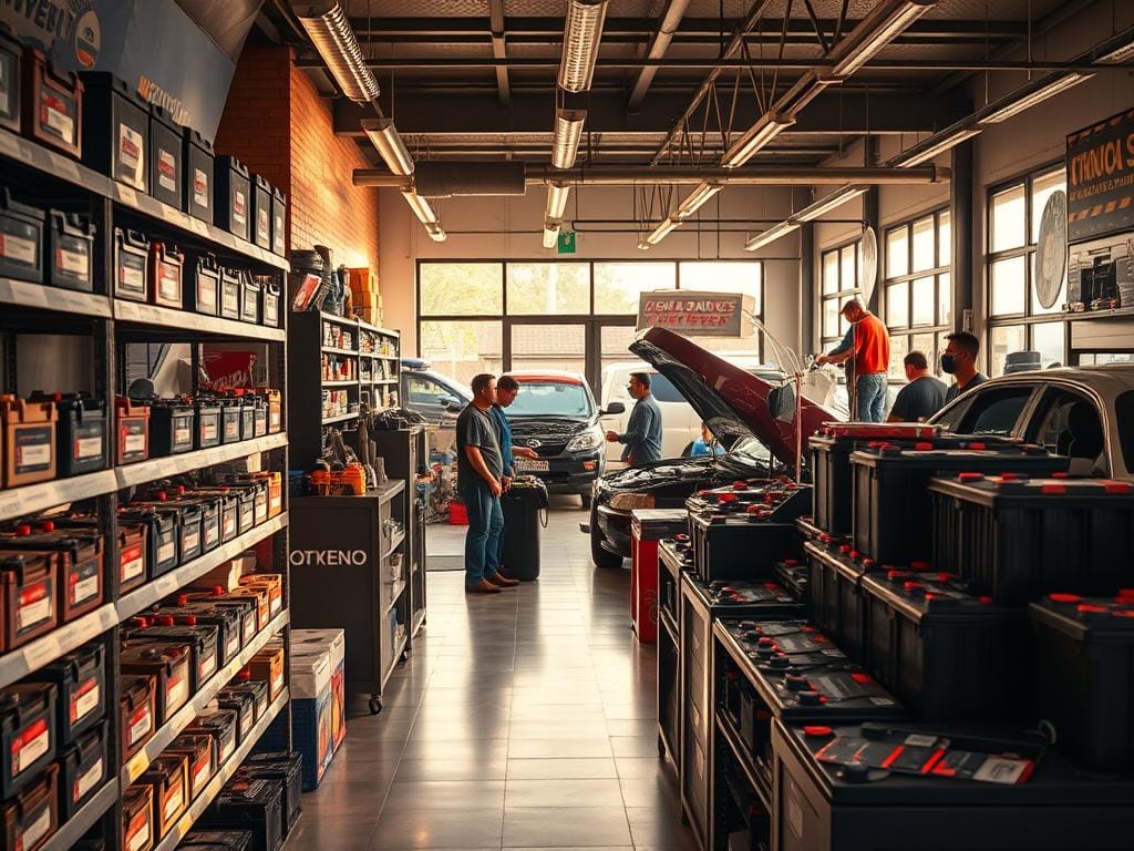 A bustling automotive battery shop in Bogotá, with a vibrant, well-stocked showroom. The foreground showcases an array of car batteries in various sizes, neatly displayed on shelves. Middle ground depicts friendly, knowledgeable staff assisting customers, while the background reveals the workshop area, where mechanics expertly install new batteries. Warm, natural lighting filters through large windows, creating a welcoming atmosphere. The scene conveys a sense of efficiency, reliability, and a commitment to providing 24/7 emergency battery services to the local community.
