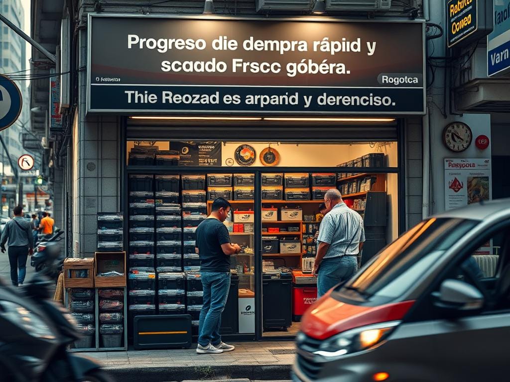 A bustling city street in Bogotá, Colombia, where a battery shop stands prominently. The storefront displays an array of automotive batteries, showcasing their durability and reliability. Inside, a customer engages with a knowledgeable salesperson, discussing the specific power requirements for their vehicle. Soft, warm lighting illuminates the transaction, creating a welcoming atmosphere. The scene conveys efficiency and trust, reflecting the "Proceso de compra rápido y seguro" for the heavy-duty batteries that support Bogotá's busy traffic. A bustling city street in Bogotá, Colombia, where a battery shop stands prominently. The storefront displays an array of automotive batteries, showcasing their durability and reliability. Inside, a customer engages with a knowledgeable salesperson, discussing the specific power requirements for their vehicle. Soft, warm lighting illuminates the transaction, creating a welcoming atmosphere. The scene conveys efficiency and trust, reflecting the "Proceso de compra rápido y seguro" for the heavy-duty batteries that support Bogotá's busy traffic.