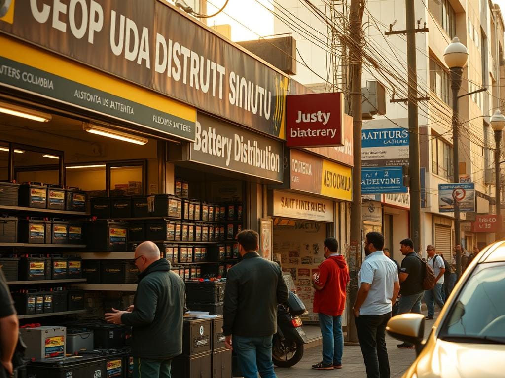 A bustling urban scene in Bogotá, Colombia, showcasing a row of battery distribution shops. The storefront displays are filled with an array of automotive and electronic batteries, their packaging and branding reflecting the local market. Customers peruse the offerings, conversing with knowledgeable staff who guide them towards batteries optimized for the city's unique climate and driving conditions. Warm, diffused sunlight filters through the shop windows, casting a mellow glow over the scene. The overall atmosphere conveys a sense of reliable service and product expertise, catering to the needs of Bogotá's discerning consumers. A bustling urban scene in Bogotá, Colombia, showcasing a row of battery distribution shops. The storefront displays are filled with an array of automotive and electronic batteries, their packaging and branding reflecting the local market. Customers peruse the offerings, conversing with knowledgeable staff who guide them towards batteries optimized for the city's unique climate and driving conditions. Warm, diffused sunlight filters through the shop windows, casting a mellow glow over the scene. The overall atmosphere conveys a sense of reliable service and product expertise, catering to the needs of Bogotá's discerning consumers.