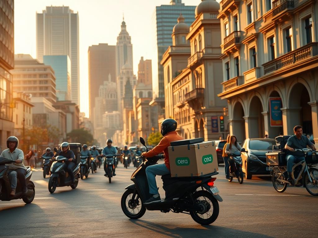 A bustling urban street in Bogotá, Colombia, with a fleet of electric scooters and cargo bikes swiftly delivering battery packs to residential and commercial customers. The scene is bathed in warm, golden afternoon light, casting long shadows and highlighting the vibrant colors of the buildings and vehicles. In the foreground, a delivery rider expertly navigates through traffic, carrying a package emblazoned with the company's logo, conveying a sense of speed and efficiency. In the middle ground, passersby and other delivery personnel go about their daily tasks, adding to the energetic atmosphere. The background features the iconic architecture of Bogotá, including towering skyscrapers and historic colonial structures, setting the scene in the heart of the bustling Colombian capital. A bustling urban street in Bogotá, Colombia, with a fleet of electric scooters and cargo bikes swiftly delivering battery packs to residential and commercial customers. The scene is bathed in warm, golden afternoon light, casting long shadows and highlighting the vibrant colors of the buildings and vehicles. In the foreground, a delivery rider expertly navigates through traffic, carrying a package emblazoned with the company's logo, conveying a sense of speed and efficiency. In the middle ground, passersby and other delivery personnel go about their daily tasks, adding to the energetic atmosphere. The background features the iconic architecture of Bogotá, including towering skyscrapers and historic colonial structures, setting the scene in the heart of the bustling Colombian capital.
