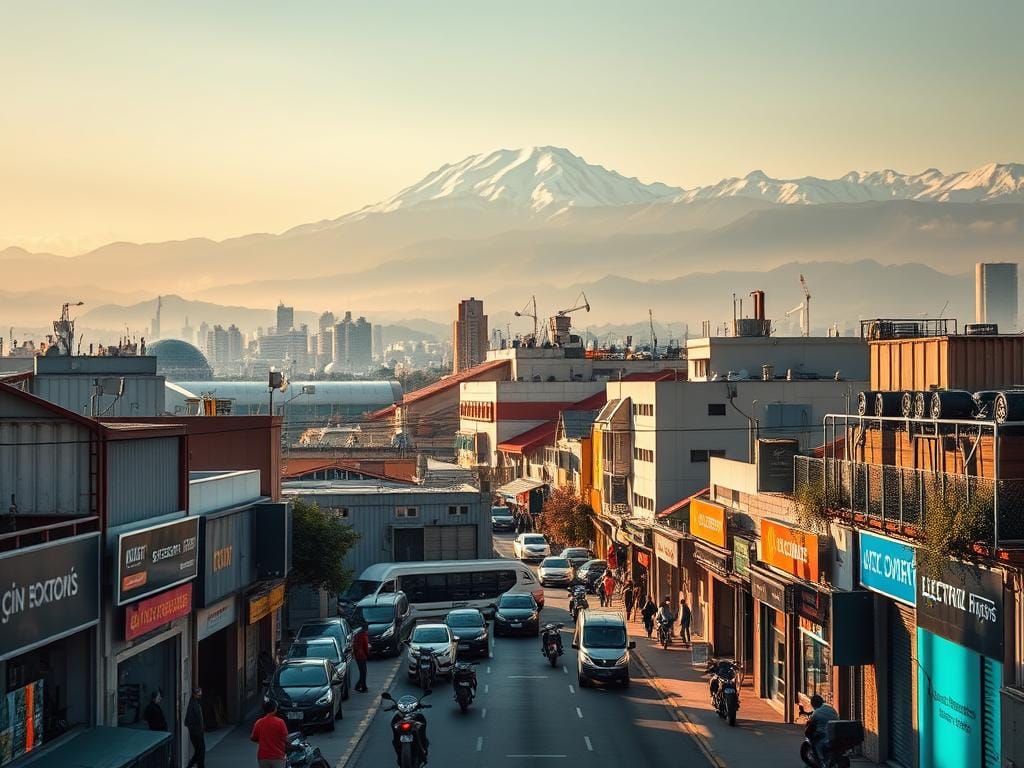 A cityscape of Bogotá, Colombia, showcasing the distribution of electric motorcycle batteries. In the foreground, a bustling street lined with storefronts, their windows displaying a diverse array of battery models. Pedestrians and vehicles navigate the scene, creating a dynamic urban atmosphere. In the middle ground, warehouses and distribution centers emerge, their rooftops dotted with solar panels, hinting at the city's commitment to sustainable energy. The background features the iconic Andes mountains, their snow-capped peaks creating a dramatic contrast against the modern urban landscape. The lighting is warm and natural, casting soft shadows and highlighting the vibrant colors of the batteries and the city's architecture. The overall scene conveys a sense of progress, innovation, and environmentally conscious transportation solutions in the heart of Bogotá. A cityscape of Bogotá, Colombia, showcasing the distribution of electric motorcycle batteries. In the foreground, a bustling street lined with storefronts, their windows displaying a diverse array of battery models. Pedestrians and vehicles navigate the scene, creating a dynamic urban atmosphere. In the middle ground, warehouses and distribution centers emerge, their rooftops dotted with solar panels, hinting at the city's commitment to sustainable energy. The background features the iconic Andes mountains, their snow-capped peaks creating a dramatic contrast against the modern urban landscape. The lighting is warm and natural, casting soft shadows and highlighting the vibrant colors of the batteries and the city's architecture. The overall scene conveys a sense of progress, innovation, and environmentally conscious transportation solutions in the heart of Bogotá.