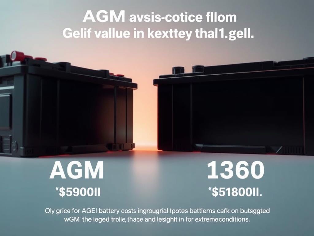 A close-up, detailed comparison of AGM and Gel battery costs, showcasing their long-term value. The scene features two battery packs side by side, illuminated by warm, directional lighting that highlights their intricate textures and sleek designs. The foreground emphasizes the batteries' physical attributes, while the middle ground presents a clear, data-driven visual breakdown of their relative pricing and lifespan. The background maintains a clean, minimalist aesthetic, allowing the batteries to take center stage and convey their practical and financial advantages for use in extreme conditions.