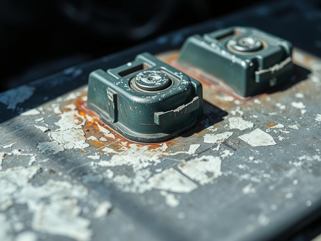 A close-up shot of a car battery, its surface covered in white corrosion and discoloration, indicating signs of wear and impending failure. The battery terminals have a greenish-blue tint, and the casing appears cracked and distressed. The lighting is harsh and directional, casting deep shadows that accentuate the textures and degradation. The background is blurred, keeping the focus on the deteriorating battery, which occupies the center of the frame. The overall mood is one of concern and the need for replacement, conveying the urgency to identify and address the symptoms of a failing battery. A close-up shot of a car battery, its surface covered in white corrosion and discoloration, indicating signs of wear and impending failure. The battery terminals have a greenish-blue tint, and the casing appears cracked and distressed. The lighting is harsh and directional, casting deep shadows that accentuate the textures and degradation. The background is blurred, keeping the focus on the deteriorating battery, which occupies the center of the frame. The overall mood is one of concern and the need for replacement, conveying the urgency to identify and address the symptoms of a failing battery.