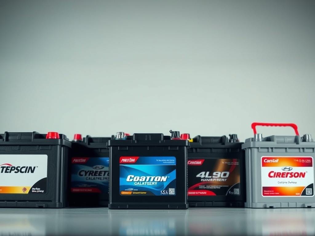 A close-up shot of an arrangement of various car battery brands, showcased against a clean, well-lit backdrop. The batteries are displayed in a row, their sleek, modern designs and distinctive logos clearly visible. The lighting is soft and diffused, creating a sense of depth and highlighting the textures and surfaces of the batteries. The image has a professional, yet approachable feel, conveying the technical expertise and variety of options available for car battery replacement. The batteries are presented in a manner that allows for easy comparison and evaluation, reflecting the "Comparativa de marcas de baterías" section of the article. A close-up shot of an arrangement of various car battery brands, showcased against a clean, well-lit backdrop. The batteries are displayed in a row, their sleek, modern designs and distinctive logos clearly visible. The lighting is soft and diffused, creating a sense of depth and highlighting the textures and surfaces of the batteries. The image has a professional, yet approachable feel, conveying the technical expertise and variety of options available for car battery replacement. The batteries are presented in a manner that allows for easy comparison and evaluation, reflecting the "Comparativa de marcas de baterías" section of the article.