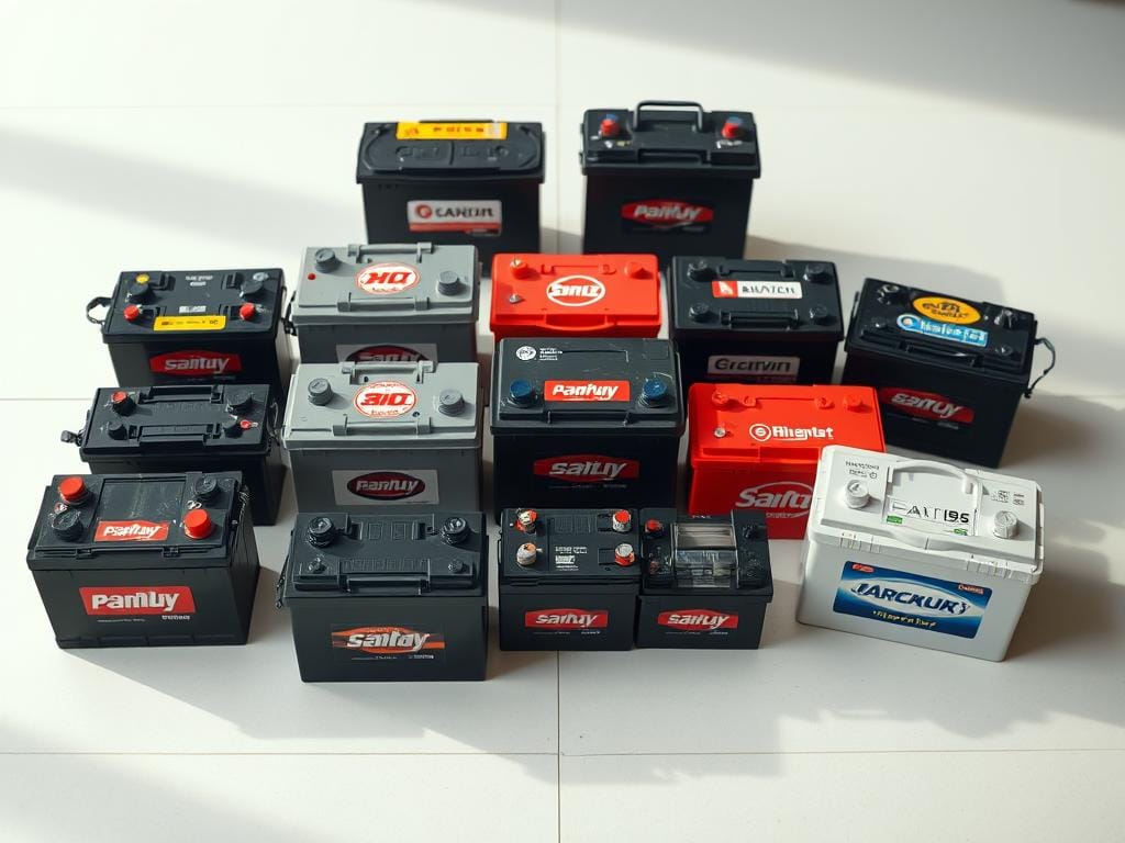 A close-up shot of an assortment of car battery brands, displayed on a clean, well-lit surface. The batteries are arranged in a visually appealing, symmetrical layout, showcasing their diverse shapes, sizes, and distinctive logos. The image has a crisp, high-resolution quality, capturing the intricate textures and subtle variations in the battery casings. Soft, directional lighting illuminates the scene, creating a sense of depth and highlighting the bold, iconic branding. The overall tone is professional, informative, and designed to showcase the range of battery options available to the viewer.
