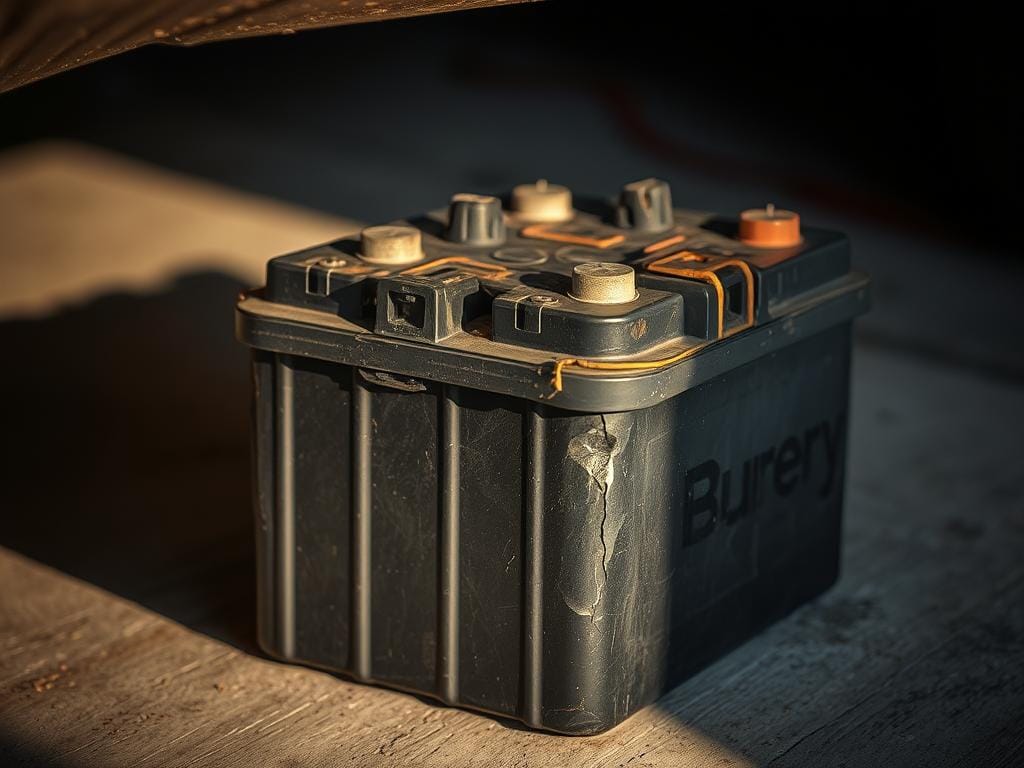 A close-up view of a car battery, its terminals discolored and corroded, with a cracked and swollen casing, sitting in a dimly lit garage. The battery appears drained and lifeless, casting long shadows on the concrete floor. The lighting is warm and subdued, creating a sense of age and neglect. The scene conveys the gradual degradation of the battery, hinting at the need for proactive maintenance to avoid costly breakdowns. A close-up view of a car battery, its terminals discolored and corroded, with a cracked and swollen casing, sitting in a dimly lit garage. The battery appears drained and lifeless, casting long shadows on the concrete floor. The lighting is warm and subdued, creating a sense of age and neglect. The scene conveys the gradual degradation of the battery, hinting at the need for proactive maintenance to avoid costly breakdowns.