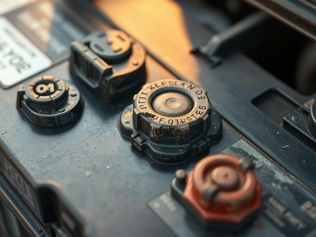 A close-up view of a car battery, showcasing the various symptoms of battery wear and deterioration. The battery's surface appears dull and discolored, with visible corrosion on the terminals. The electrolyte level is low, and the casing shows signs of swelling and cracks, indicating a loss of capacity and potential failure. The scene is captured in a warm, natural lighting, creating a sense of urgency and the need for battery replacement. The image is rendered with a high level of detail, allowing the viewer to clearly observe the telltale signs of a battery in need of attention. A close-up view of a car battery, showcasing the various symptoms of battery wear and deterioration. The battery's surface appears dull and discolored, with visible corrosion on the terminals. The electrolyte level is low, and the casing shows signs of swelling and cracks, indicating a loss of capacity and potential failure. The scene is captured in a warm, natural lighting, creating a sense of urgency and the need for battery replacement. The image is rendered with a high level of detail, allowing the viewer to clearly observe the telltale signs of a battery in need of attention.
