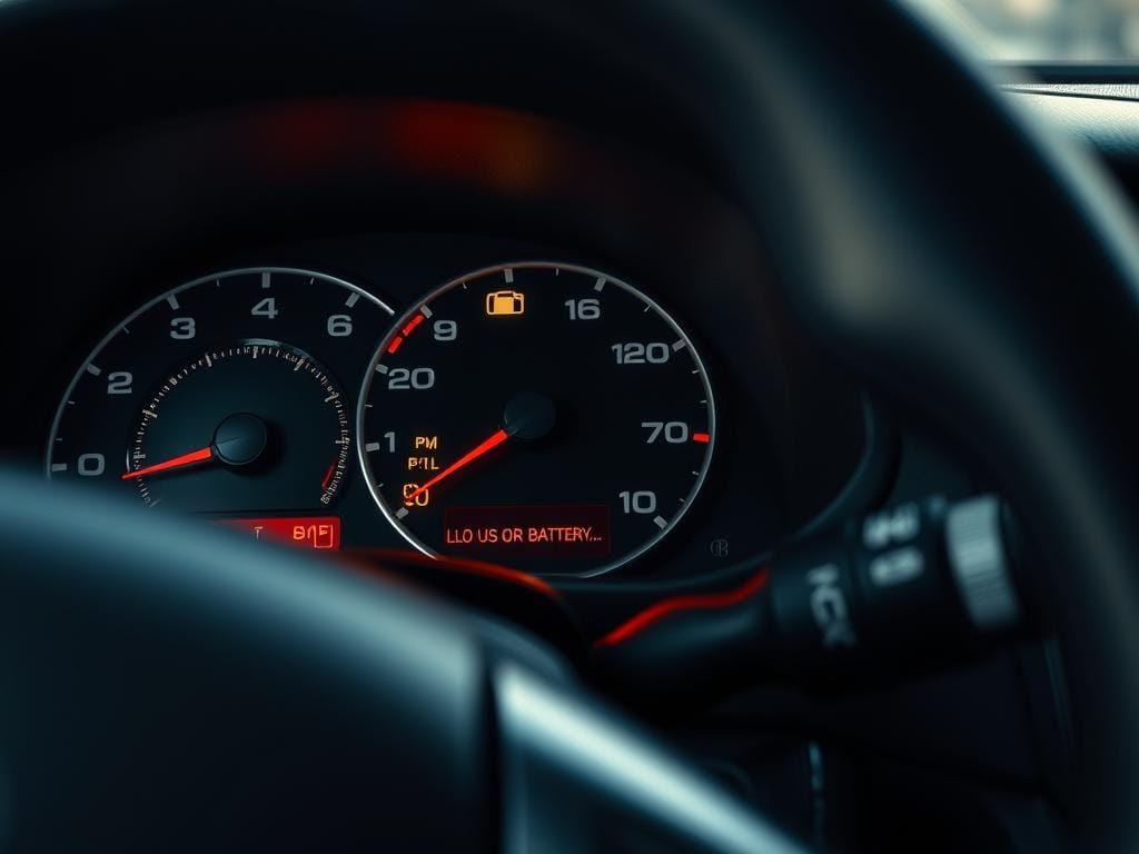 A close-up view of a car's dashboard, showcasing the various telltale signs of a discharged battery. The instrument panel displays a low battery icon, and the fuel gauge and other indicators are dimmed. The steering wheel, gearshift, and other controls are visible, suggesting a state of emergency. The lighting is natural, with soft shadows and highlights capturing the scene's realism. The overall mood is one of concern and the need for immediate action, reflecting the challenges faced when a car's battery is depleted. A close-up view of a car's dashboard, showcasing the various telltale signs of a discharged battery. The instrument panel displays a low battery icon, and the fuel gauge and other indicators are dimmed. The steering wheel, gearshift, and other controls are visible, suggesting a state of emergency. The lighting is natural, with soft shadows and highlights capturing the scene's realism. The overall mood is one of concern and the need for immediate action, reflecting the challenges faced when a car's battery is depleted.