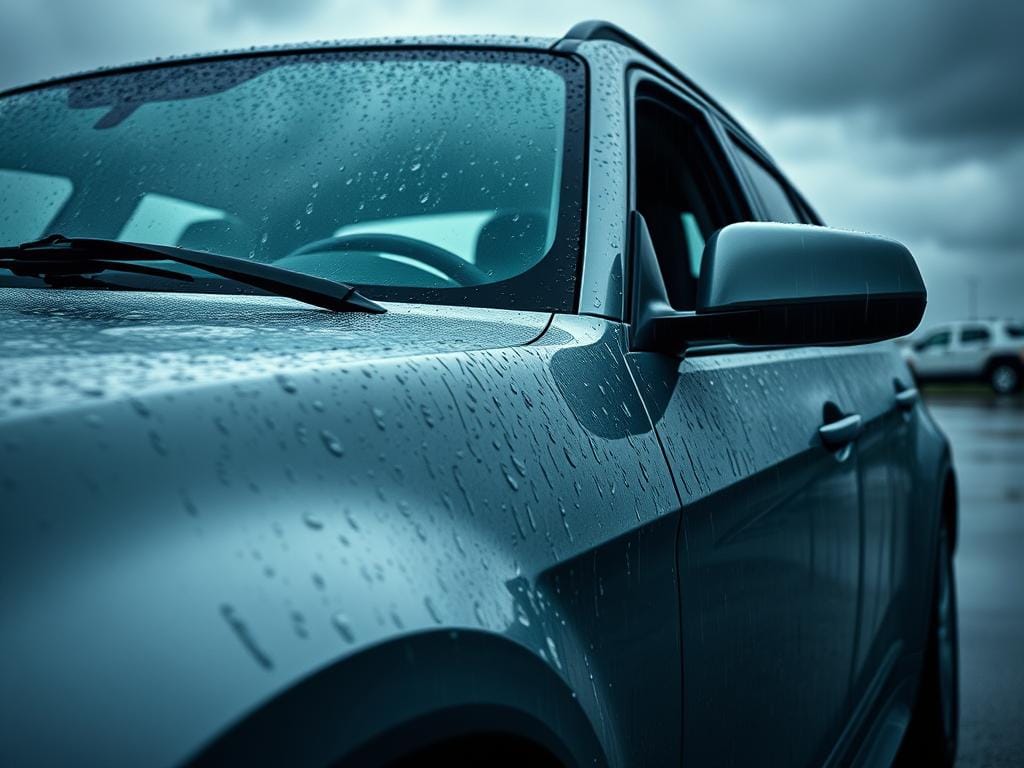 A close-up view of a car's exterior, freshly washed and glistening under moody, overcast skies. The windshield wipers are engaged, sweeping away the heavy rain, while the side mirrors are positioned to provide maximum visibility. The tires are sturdy and deeply treaded, ready to navigate through deep puddles. The car's body is fitted with protective sealants, shielding it from the intense downpour. The headlights are illuminated, cutting through the gloomy atmosphere, and the driver's side door is slightly ajar, inviting the viewer to step inside and embark on a journey through the stormy weather. A close-up view of a car's exterior, freshly washed and glistening under moody, overcast skies. The windshield wipers are engaged, sweeping away the heavy rain, while the side mirrors are positioned to provide maximum visibility. The tires are sturdy and deeply treaded, ready to navigate through deep puddles. The car's body is fitted with protective sealants, shielding it from the intense downpour. The headlights are illuminated, cutting through the gloomy atmosphere, and the driver's side door is slightly ajar, inviting the viewer to step inside and embark on a journey through the stormy weather.