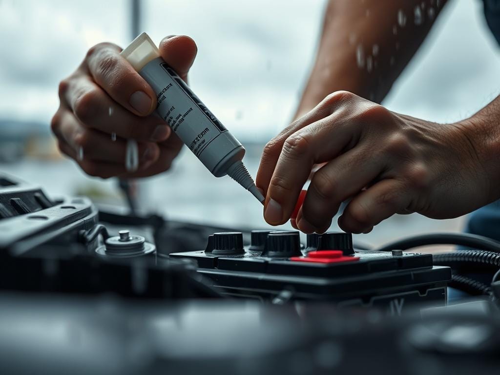 A close-up view of a mechanic performing battery maintenance on a car during a rainy day. The scene is set against a blurred backdrop of gray skies and raindrops, creating a somber, atmospheric mood. The mechanic's hands are focused on the battery terminals, replacing the connectors and applying a protective sealant. Their expression is one of concentration, highlighting the importance of this task in preventing battery failures during the wet season. The lighting is soft and diffused, accentuating the details of the battery and the mechanic's tools. The overall composition emphasizes the delicate nature of this maintenance procedure and the need for diligence in the face of inclement weather. A close-up view of a mechanic performing battery maintenance on a car during a rainy day. The scene is set against a blurred backdrop of gray skies and raindrops, creating a somber, atmospheric mood. The mechanic's hands are focused on the battery terminals, replacing the connectors and applying a protective sealant. Their expression is one of concentration, highlighting the importance of this task in preventing battery failures during the wet season. The lighting is soft and diffused, accentuating the details of the battery and the mechanic's tools. The overall composition emphasizes the delicate nature of this maintenance procedure and the need for diligence in the face of inclement weather.