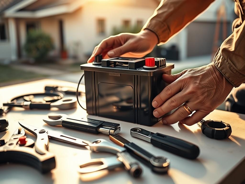 A close-up view of a mechanic's hands skillfully replacing a car battery in a well-lit residential setting. The battery is positioned prominently, surrounded by a set of professional tools neatly arranged on a clean work surface. The mechanic's movements are precise and efficient, conveying a sense of expertise and care. The scene is bathed in warm, natural lighting that accentuates the textures and details of the components. The overall mood is one of competence, reliability, and a dedication to providing a high-quality, on-site battery replacement service. A close-up view of a mechanic's hands skillfully replacing a car battery in a well-lit residential setting. The battery is positioned prominently, surrounded by a set of professional tools neatly arranged on a clean work surface. The mechanic's movements are precise and efficient, conveying a sense of expertise and care. The scene is bathed in warm, natural lighting that accentuates the textures and details of the components. The overall mood is one of competence, reliability, and a dedication to providing a high-quality, on-site battery replacement service.