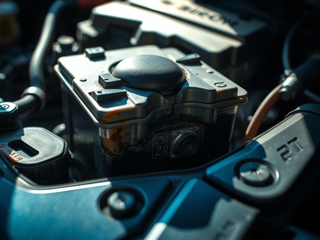 A close-up view of a swollen, distorted car battery resting inside the engine compartment of a vehicle. The battery's casing appears bloated and deformed, with a noticeable bulge in the center. The lighting is harsh, creating stark shadows that accentuate the battery's abnormal shape. The surrounding engine components are visible in the background, providing context and a sense of realism. The overall scene conveys a sense of concern and a need for immediate attention, reflecting the warning signs of an impending battery failure. A close-up view of a swollen, distorted car battery resting inside the engine compartment of a vehicle. The battery's casing appears bloated and deformed, with a noticeable bulge in the center. The lighting is harsh, creating stark shadows that accentuate the battery's abnormal shape. The surrounding engine components are visible in the background, providing context and a sense of realism. The overall scene conveys a sense of concern and a need for immediate attention, reflecting the warning signs of an impending battery failure.