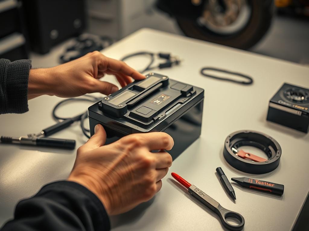 A close-up view of a technician's hands carefully inspecting and maintaining the battery of an electric motorcycle. The battery is positioned on a clean, well-lit workbench, surrounded by specialized tools and equipment. The lighting is warm and natural, highlighting the intricate details of the battery's components. The technician's movements are precise and methodical, conveying their expertise in this delicate task. The overall scene exudes a sense of professionalism and attention to detail, reflecting the importance of proper battery maintenance for the longevity and performance of an electric motorcycle. A close-up view of a technician's hands carefully inspecting and maintaining the battery of an electric motorcycle. The battery is positioned on a clean, well-lit workbench, surrounded by specialized tools and equipment. The lighting is warm and natural, highlighting the intricate details of the battery's components. The technician's movements are precise and methodical, conveying their expertise in this delicate task. The overall scene exudes a sense of professionalism and attention to detail, reflecting the importance of proper battery maintenance for the longevity and performance of an electric motorcycle.