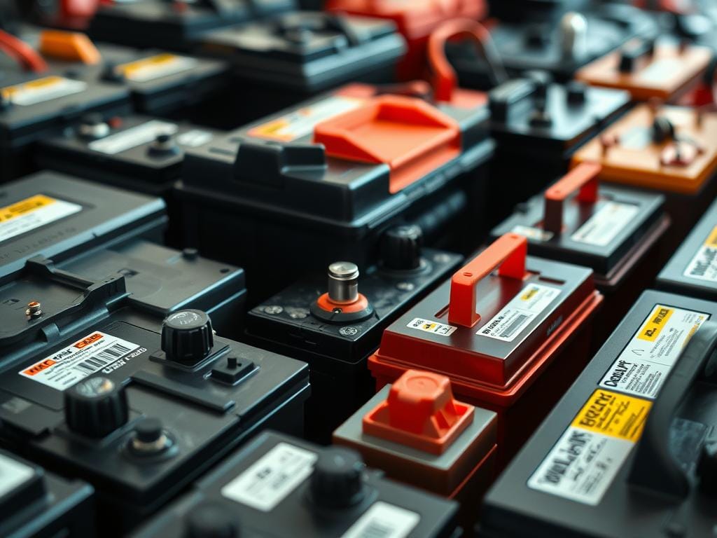 A close-up view of a variety of automotive batteries, showcasing their different sizes, terminals, and labels. The batteries are arranged in a well-lit, organized display, allowing the viewer to compare and contrast their features. The image has a sharp focus, crisp details, and a clean, professional-looking presentation, emphasizing the importance of selecting the right battery for a vehicle. The scene conveys a sense of technical expertise and attention to detail, reflecting the need to make an informed decision when replacing a car's battery. A close-up view of a variety of automotive batteries, showcasing their different sizes, terminals, and labels. The batteries are arranged in a well-lit, organized display, allowing the viewer to compare and contrast their features. The image has a sharp focus, crisp details, and a clean, professional-looking presentation, emphasizing the importance of selecting the right battery for a vehicle. The scene conveys a sense of technical expertise and attention to detail, reflecting the need to make an informed decision when replacing a car's battery.