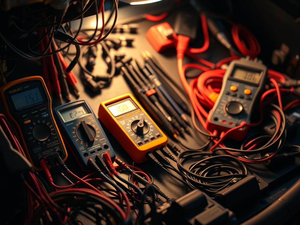 A close-up view of an automotive electrical diagnostic panel, showcasing various multimeters, testing probes, and wiring harnesses. The scene is illuminated by a warm, directional light, casting shadows that emphasize the intricate details of the equipment. The layout is organized and professional, reflecting the meticulous approach required to identify and troubleshoot electrical issues in a car. The background is slightly blurred, maintaining the focus on the diagnostic tools and their purpose. The overall mood is one of precision, problem-solving, and a dedication to understanding the complexities of automotive electrical systems. A close-up view of an automotive electrical diagnostic panel, showcasing various multimeters, testing probes, and wiring harnesses. The scene is illuminated by a warm, directional light, casting shadows that emphasize the intricate details of the equipment. The layout is organized and professional, reflecting the meticulous approach required to identify and troubleshoot electrical issues in a car. The background is slightly blurred, maintaining the focus on the diagnostic tools and their purpose. The overall mood is one of precision, problem-solving, and a dedication to understanding the complexities of automotive electrical systems.