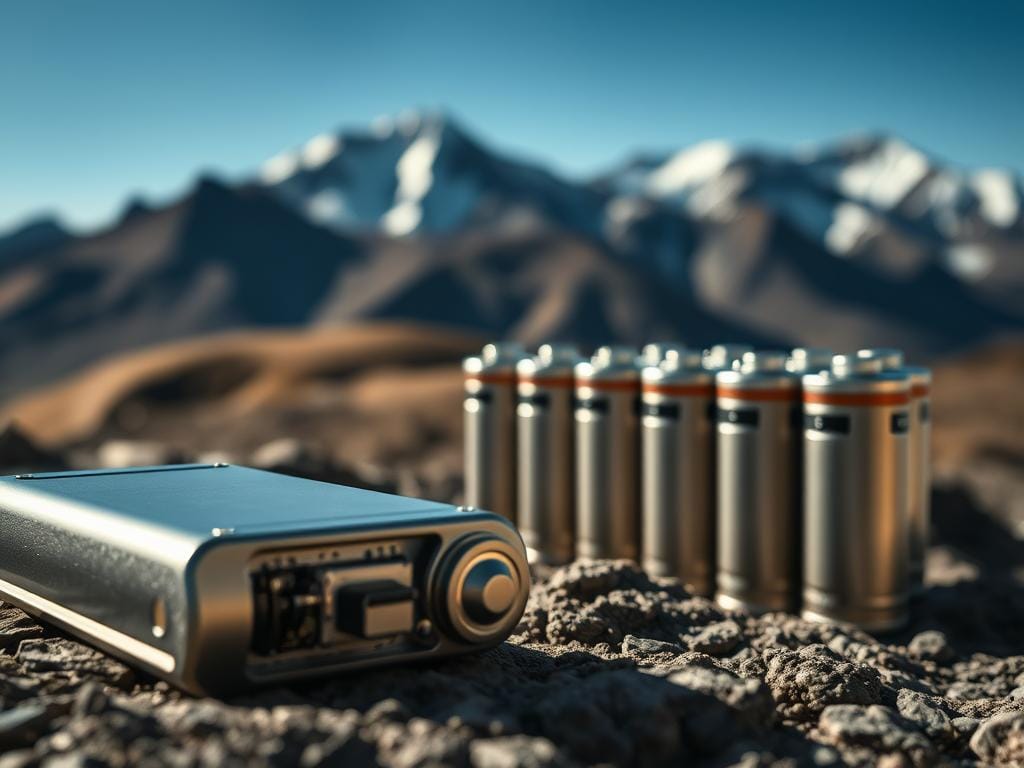 A close-up view of innovative battery technology designed for high-altitude environments. The foreground showcases a sleek, advanced battery cell with a metallic casing and intricate circuitry. The middle ground features a group of these specialized batteries arranged in a modular configuration, hinting at their scalable and adaptable nature. The background depicts a mountainous landscape, alluding to the challenging conditions these batteries are engineered to withstand, such as low temperatures, high winds, and reduced oxygen levels. The lighting is crisp and directional, highlighting the technical details and lending an air of precision and professionalism to the scene. The overall mood conveys a sense of cutting-edge innovation and engineering prowess, perfectly suited for the article's focus on choosing durable batteries for Bogotá's climate. A close-up view of innovative battery technology designed for high-altitude environments. The foreground showcases a sleek, advanced battery cell with a metallic casing and intricate circuitry. The middle ground features a group of these specialized batteries arranged in a modular configuration, hinting at their scalable and adaptable nature. The background depicts a mountainous landscape, alluding to the challenging conditions these batteries are engineered to withstand, such as low temperatures, high winds, and reduced oxygen levels. The lighting is crisp and directional, highlighting the technical details and lending an air of precision and professionalism to the scene. The overall mood conveys a sense of cutting-edge innovation and engineering prowess, perfectly suited for the article's focus on choosing durable batteries for Bogotá's climate.