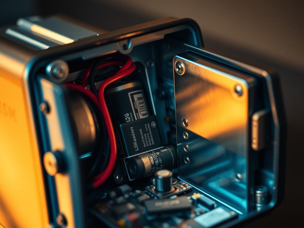 A close-up view of the internal structure of a rechargeable emergency battery. The metal casing is partially cut away, revealing the intricate arrangement of lithium-ion cells, circuit boards, and power management components. The battery's inner workings are illuminated by a soft, warm light, casting subtle shadows and highlights that accentuate the engineering details. The scene conveys a sense of technical sophistication and the reliable functionality that powers emergency devices during power outages. The image has a high level of realism, with a photographic quality that showcases the battery's precise engineering and robust construction. A close-up view of the internal structure of a rechargeable emergency battery. The metal casing is partially cut away, revealing the intricate arrangement of lithium-ion cells, circuit boards, and power management components. The battery's inner workings are illuminated by a soft, warm light, casting subtle shadows and highlights that accentuate the engineering details. The scene conveys a sense of technical sophistication and the reliable functionality that powers emergency devices during power outages. The image has a high level of realism, with a photographic quality that showcases the battery's precise engineering and robust construction.