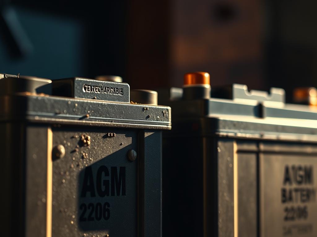 A close-up view of two rechargeable AGM and Gel batteries, their surfaces textured and rugged, conveying a sense of durability and longevity. The batteries are illuminated from the side, casting dramatic shadows that highlight their robust construction. The lighting is warm and natural, creating a sense of reliability and practicality. The background is slightly blurred, keeping the focus on the batteries and their intricate details. The overall mood is one of dependability and resilience, reflecting the long lifespan and suitability for extreme conditions.