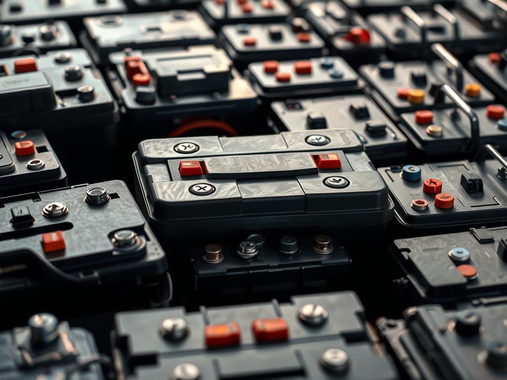 A close-up view of various automotive batteries arranged in a grid-like formation, showcasing their distinct shapes, sizes, and terminal configurations. The batteries are lit from the side, casting subtle shadows that accentuate their textured surfaces and metallic accents. The image has a sharp, technical focus, providing a detailed examination of the different types of car batteries, from compact 12V units to larger, high-capacity variants. The overall tone is one of precision and functionality, highlighting the key features and specifications that distinguish these essential power sources for modern vehicles. A close-up view of various automotive batteries arranged in a grid-like formation, showcasing their distinct shapes, sizes, and terminal configurations. The batteries are lit from the side, casting subtle shadows that accentuate their textured surfaces and metallic accents. The image has a sharp, technical focus, providing a detailed examination of the different types of car batteries, from compact 12V units to larger, high-capacity variants. The overall tone is one of precision and functionality, highlighting the key features and specifications that distinguish these essential power sources for modern vehicles.
