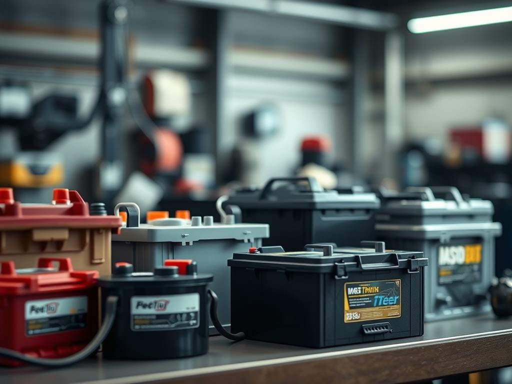A close-up view of various automotive batteries arranged on a clean, well-lit workbench. The batteries are of different sizes and types, showcasing the diversity of options for car owners. The lighting is soft and diffused, creating a sense of clarity and attention to detail. The background is slightly blurred, keeping the focus on the batteries and creating a professional, informative atmosphere. The batteries are displayed in a visually appealing and organized manner, conveying the expertise and knowledge associated with "Preguntas frecuentes sobre baterías automotrices". A close-up view of various automotive batteries arranged on a clean, well-lit workbench. The batteries are of different sizes and types, showcasing the diversity of options for car owners. The lighting is soft and diffused, creating a sense of clarity and attention to detail. The background is slightly blurred, keeping the focus on the batteries and creating a professional, informative atmosphere. The batteries are displayed in a visually appealing and organized manner, conveying the expertise and knowledge associated with "Preguntas frecuentes sobre baterías automotrices".