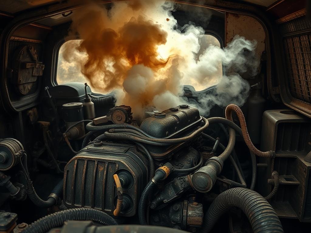 A corroded, rusty engine bay, with a thick, noxious cloud of sulfurous exhaust emanating from the motor. The acrid, rotten egg scent permeates the air, creating an unsettling atmosphere. In the foreground, a twisted, weathered engine block sits amidst a tangle of worn hoses and corroded components. Dim, sickly lighting casts long shadows, highlighting the dilapidated state of the engine. The background is hazy, with a sense of neglect and decay, emphasizing the dire condition of the vehicle. The overall scene conveys a sense of impending mechanical failure, a clear warning sign that the battery is nearing the end of its lifespan. A corroded, rusty engine bay, with a thick, noxious cloud of sulfurous exhaust emanating from the motor. The acrid, rotten egg scent permeates the air, creating an unsettling atmosphere. In the foreground, a twisted, weathered engine block sits amidst a tangle of worn hoses and corroded components. Dim, sickly lighting casts long shadows, highlighting the dilapidated state of the engine. The background is hazy, with a sense of neglect and decay, emphasizing the dire condition of the vehicle. The overall scene conveys a sense of impending mechanical failure, a clear warning sign that the battery is nearing the end of its lifespan.